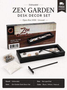 Unbranded Y2K Zen Garden Desk Decor Set Open Box NOS Black Tray Sand Rocks Rake